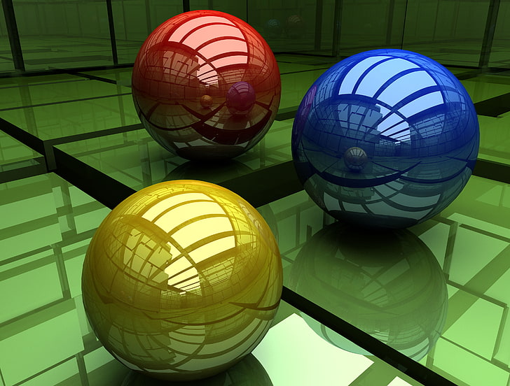 three assorted-color ball decors, balls, three-colored, surface, cubic, HD wallpaper