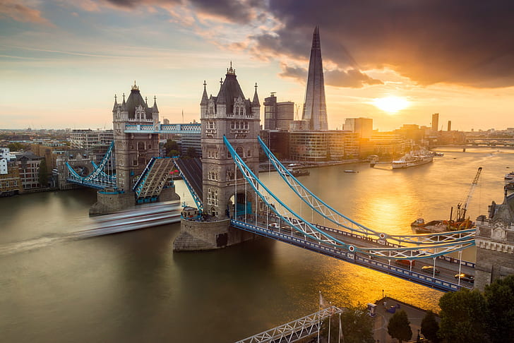 most, zachód słońca, ruch uliczny, Tower Bridge, Londyn, Tapety HD