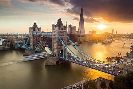 ruch uliczny, Tower Bridge, most, zachód słońca, Londyn, Tapety HD HD wallpaper