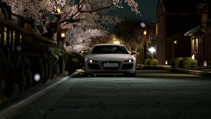 Audi R8, суперкар, Gran Turismo, Япония, фары, ночь, дорога, улица, деревья, HD обои