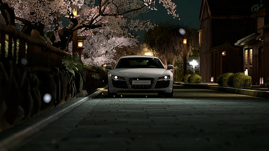 日本、夜、アウディR8、車、道路、通り、木、ライト、アウディR8タイプ42、アウディ、スーパーカー、 HDデスクトップの壁紙 HD wallpaper