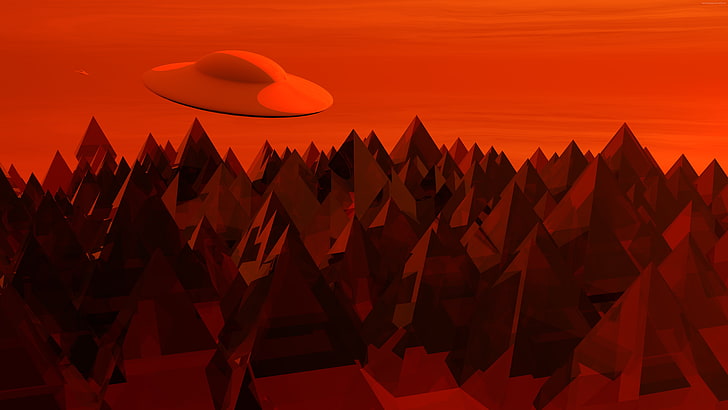 piring terbang, gunung, langit merah, Wallpaper HD