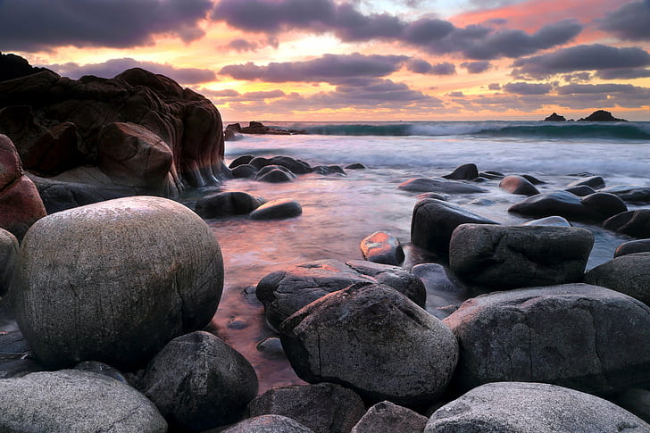 Gray stone sea shore in sunset i, Porth Nanven, gray, stone sea, sea shore, HD  wallpaper | Wallpaperbetter