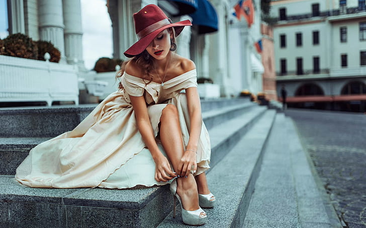 Street style, girl, hat, city, Russia, women's white off-shoulder dress, Street, Style, Girl, Hat, City, Russia, HD wallpaper