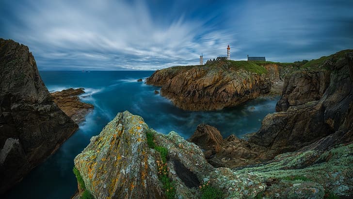 sea, rocks, lighthouse, on the edge, HD wallpaper