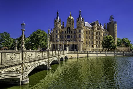 Pont, rivière, Allemagne, Schwerin, Palais de Schwerin, Fond d'écran HD HD wallpaper