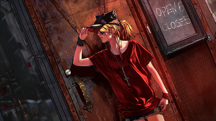 أنثى ترتدي قميصًا أحمر متكئًا على ورق حائط رقمي من Neon Genesis Evangelion، خلفية HD