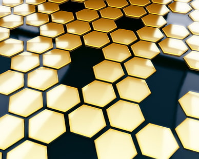 guld och svart kakel tapeter, svart, guld, hexagon, mönster, render, HD tapet HD wallpaper