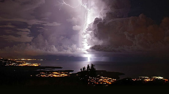 гръмотевична буря, природа, пейзаж, мълния, буря, нощ, езеро, град, светлини, облаци, Венецуела, Осветлението на Кататумбо, HD тапет HD wallpaper