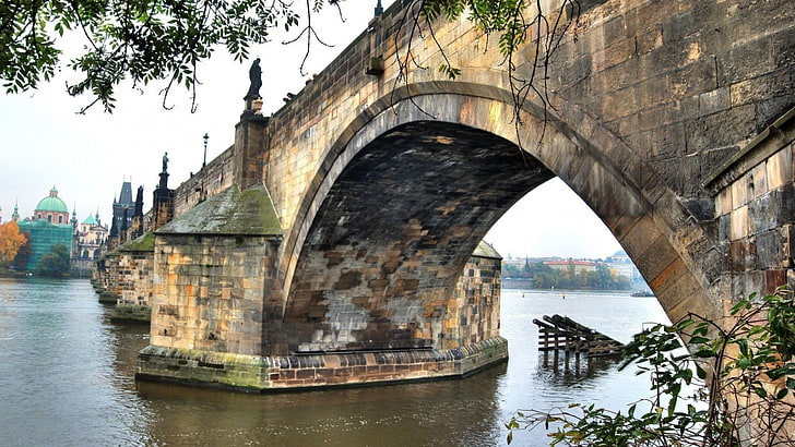 brunt och vitt betonghus, arkitektur, bro, Karlsbron, Prag, Tjeckien, flod, gammal bro, staty, skulptur, löv, träd, katedral, tegelstenar, HD tapet
