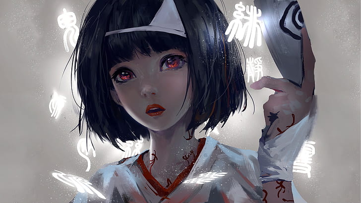 Female anime character in white top wallpaper, black hair, short hair, red  eyes, HD wallpaper | Wallpaperbetter