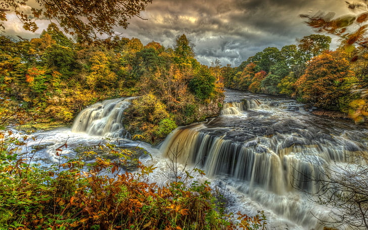 river surrounded by trees digital wallpaper, waterfall, river, mountains, hdr, HD wallpaper