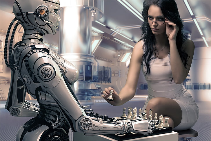 donna che indossa mini abito bianco giocando a scacchi contro robot, arte digitale, robot, donne, Sfondo HD