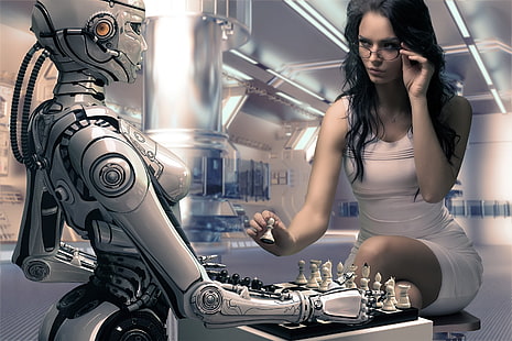 Mujer vestida con mini vestido blanco jugando al ajedrez contra robot, arte digital, robot, mujeres, Fondo de pantalla HD HD wallpaper