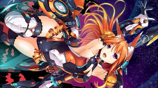 karakter anime perempuan berambut oranye panjang dengan telinga rubah wallpaper, gadis anime, gadis mecha, gadis rubah, mata ungu, berambut merah, telinga hewan, Wallpaper HD HD wallpaper