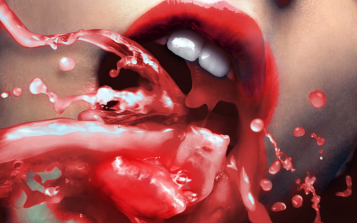 red liquid and person's mouth, close-up, mouth, lips, liquid, red, HD wallpaper