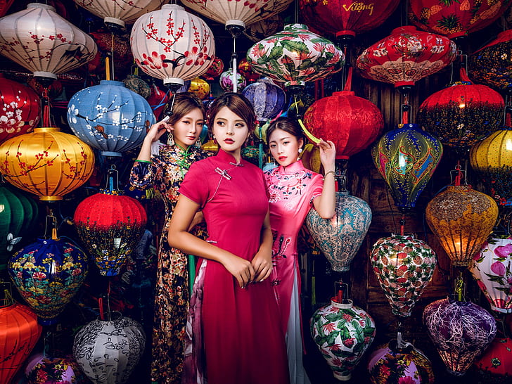 Азиатски, жени, китайска рокля, Cheongsam, HD тапет