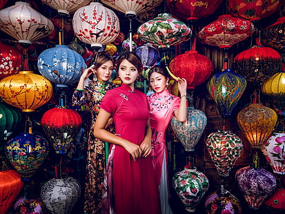 Asiático, mulheres, vestido chinês, Cheongsam, HD papel de parede HD wallpaper