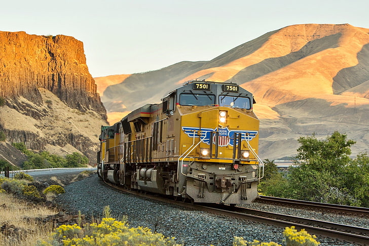 tren, vehículo, ferrocarril, acantilado, desierto, sombra, colinas, locomotora diesel, Fondo de pantalla HD