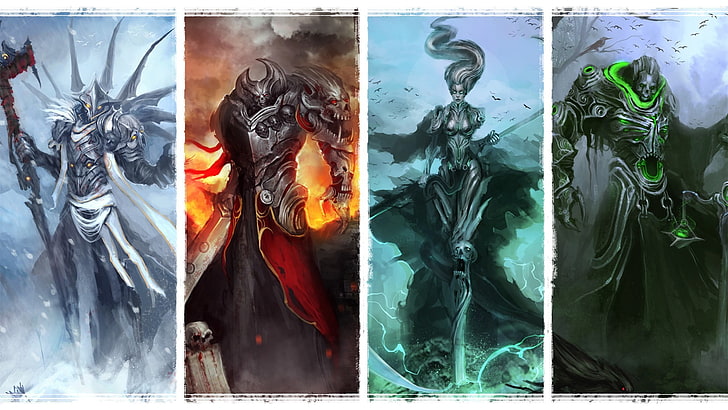 collage de cuatro personajes guerreros, agua, fuego, aire, tierra, arte de fantasía, conquista, guerra, muerte, hambruna, cuatro jinetes del apocalipsis, obras de arte, collage, Fondo de pantalla HD