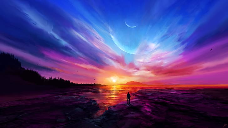 JoeyJazz, landscape, sunset, digital painting, HD wallpaper