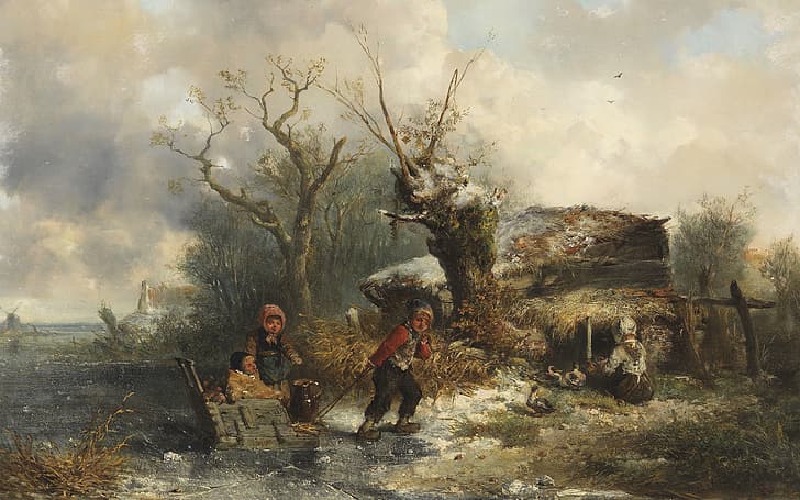 Dutch painter, oil on canvas, Johan Mari Ten Kate, Winter landscape with children playing, HD wallpaper