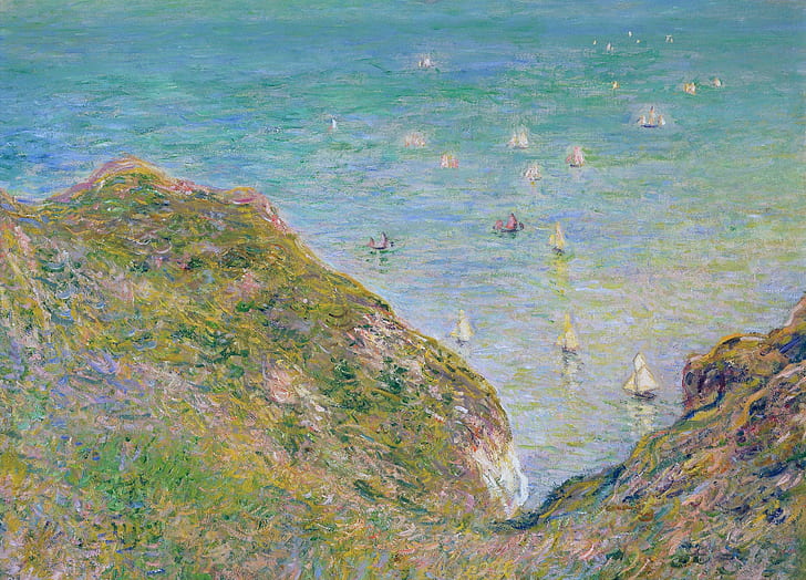 sea, landscape, picture, boats, Claude Monet, View from the Rocks in Purvile. Clear Weather, HD wallpaper