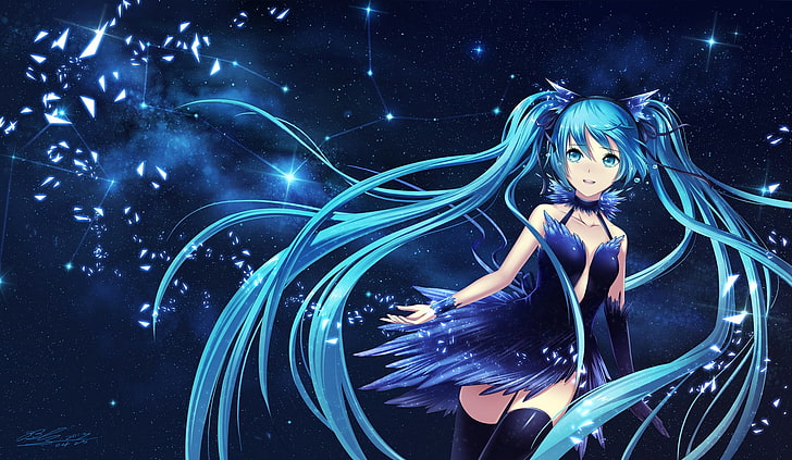 papel de parede de personagem de anime de cabelos azuis, Vocaloid, Hatsune Miku, vestido azul, cabelos longos, twintails, coxa, fita, chorando, fones de ouvido, espaço, estrelas, meninas anime, HD papel de parede