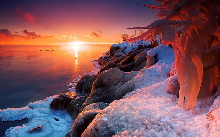 Красивый зимний восход, озеро, лед, снег, Красивая, зима, восход, озеро, лед, снег, HD обои