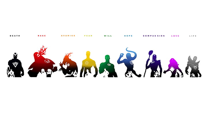 farbige Charakterillustrationen, DC Comics, Superhelden, Green Lantern, Emotional Spectrum, Hal Jordan, Sinestro, Larfleeze, Atrocitus, HD-Hintergrundbild