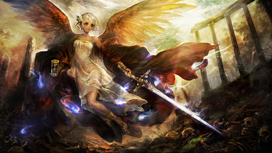 Aniołek trzymający miecz tapeta, anioł, grafika, dziewczyna fantasy, sztuka fantasy, miecz, dziewczyny anime, Tapety HD HD wallpaper
