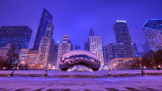 Cloud Gate, The Bean, Millennium Park, États-Unis, Chicago, Illinois, crépuscule, hiver, nuit, gratte-ciel, Fond d'écran HD HD wallpaper