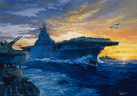 gray ship illustration, Japan, art, aircraft, artist, the carrier, theatre, USA, Navy, painting, WW2, action, military, 1942., Tom Freeman., Pacific, 1945., On Station, HD wallpaper HD wallpaper