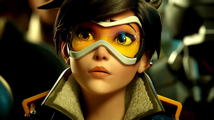 personagem feminina de Overwatch com óculos de armação branca, personagem de anime de cabelos pretos, videogame, Tracer (Overwatch), animação, Blizzard Entertainment, Overwatch, Lena Oxton, HD papel de parede