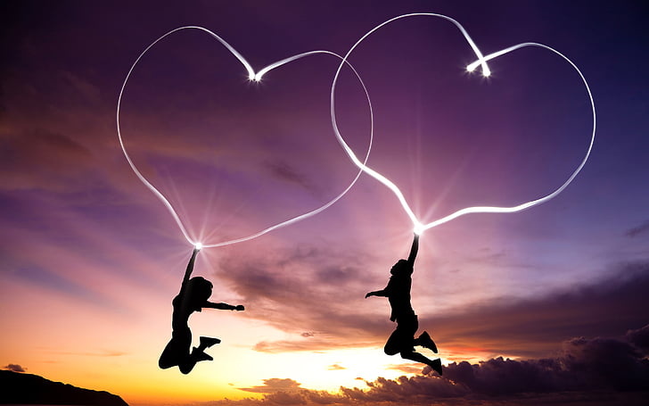 silhouette of two person jumping while holding heart shaped neon light, Love hearts, Boy, Girl, Couple, Pair, HD, HD wallpaper