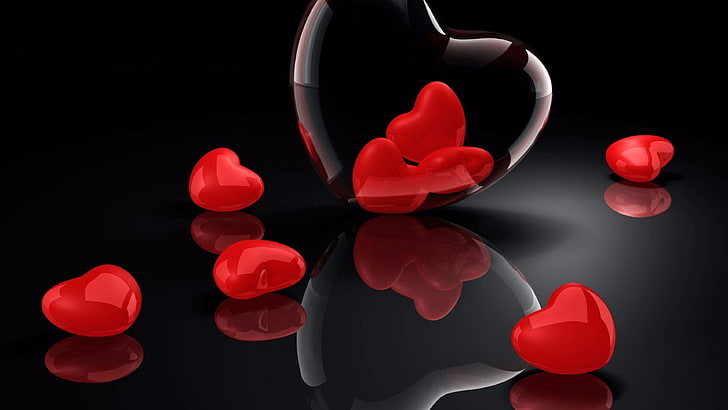 red hearts, heart, love, 3d, HD wallpaper