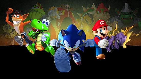 Sonic the Hedgehog илюстрация, Super Mario, Sonic the Hedgehog, Crash Bandicoot, Spyro, видео игри, Croc, HD тапет HD wallpaper