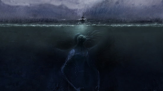 Cthulhu, Dagon, H. P. Lovecraft, horror, mar, submarino, criatura, ilustraciones, Fondo de pantalla HD HD wallpaper