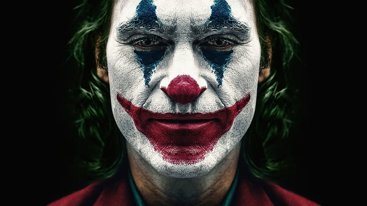 movies, Joaquin Phoenix, Joker, Joker (2019 Movie), men, looking at viewer, simple background, clown, face, green hair, DC Comics, HD wallpaper