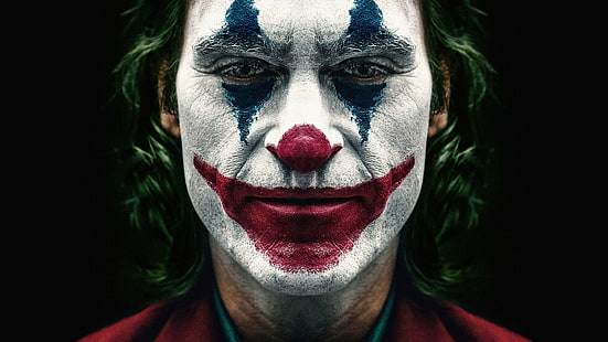 film, Joaquin Phoenix, Joker, Joker (Film 2019), pria, melihat penonton, latar belakang sederhana, badut, wajah, rambut hijau, Komik DC, Wallpaper HD HD wallpaper