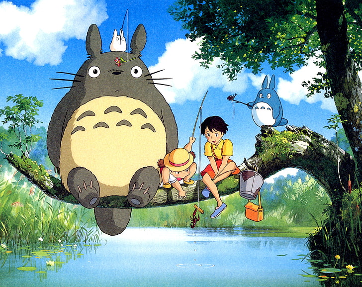 Ghibli My Neighbor, girl and boy cartoon character fishing on river ilustracja, Artystyczne, Anime, Ghibli, Sąsiad, Tapety HD