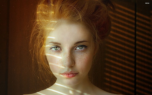 kobiety, ruda, twarz, zielone oczy, piegi, Tapety HD HD wallpaper