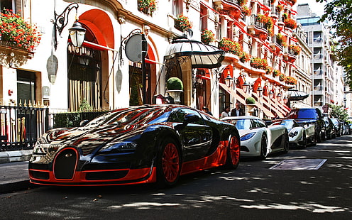 Bugatti Veyron สีแดงและสีดำข้างโครงสร้างคอนกรีต, รถยนต์, Bugatti, Bugatti Veyron, Koenigsegg, Koenigsegg Agera, Pagani, Pagani Zonda, เมือง, ยานพาหนะ, วอลล์เปเปอร์ HD HD wallpaper