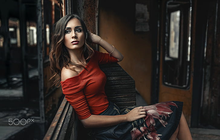 women, 500px, sitting, portrait, skirt, looking away, model, Katarzyna Kluska, HD wallpaper