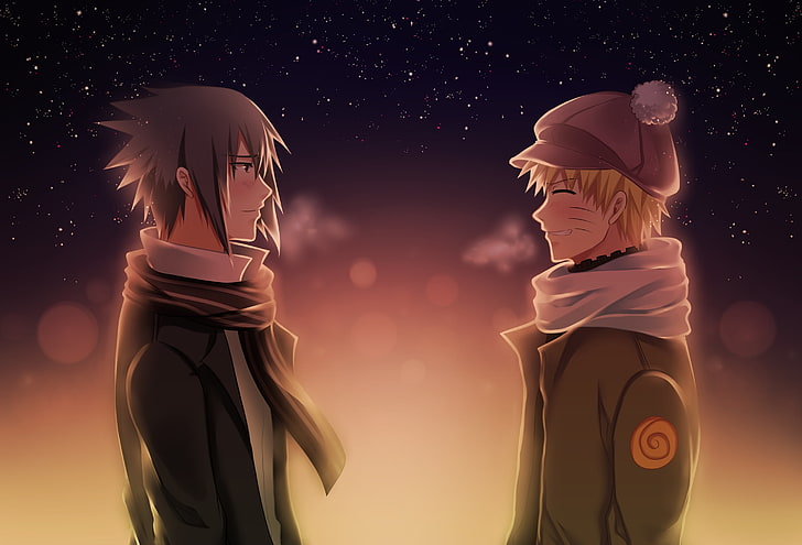 Ilustración de Naruto y Sasuke, la noche, amigos, naruto, anime, arte, Uchiha Sasuke, shinobi, Uzumaki Naruto, clima frío, una reunión casual, Fondo de pantalla HD