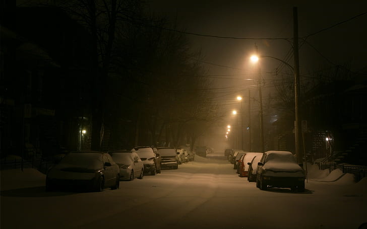 rue, neige, nuit, éclairage public, voiture, ville, Fond d'écran HD