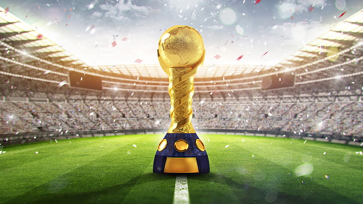 Trofeo d'oro, Coppa del Mondo FIFA 2018, Stadio, Russia, Coppa del Mondo FIFA, 4K, 8K, Sfondo HD