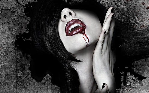 konst, konstverk, blod, mörk, ondska, fantasi, flicka, flickor, gotiska, skräck, vampyr, HD tapet HD wallpaper