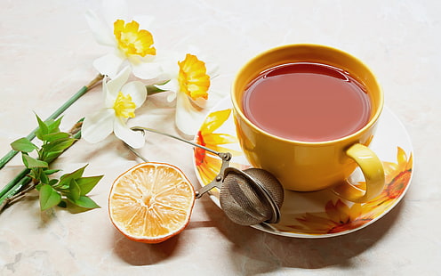 taza de cerámica amarilla con platillo, bebida, mesa, naranja, taza, malla, té, platillo, Fondo de pantalla HD HD wallpaper