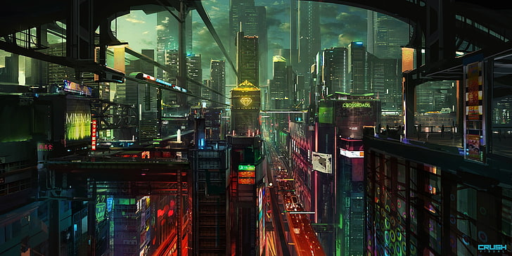 malam, kota, gedung pencakar langit, cyberpunk, lampu, Wallpaper HD